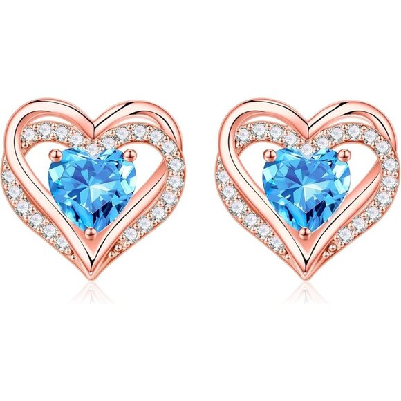 925 Silver Heart Stud Birthstone Earrings Rose-Gold-Plated-03-Mar-Aquamarine